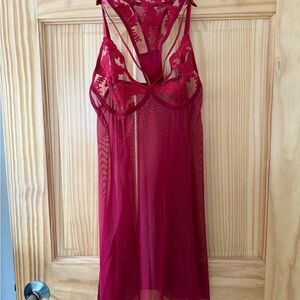 SHEIN Burgundy Sheer Lace-Trim Slip Chemise